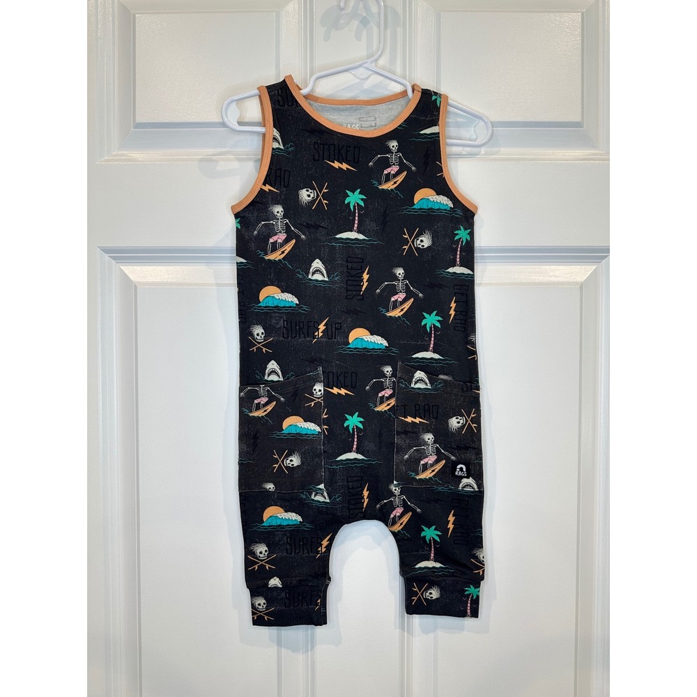 Rags Romper Jumpsuit Skeleton Surfer Black Orange Size 18-24 Months